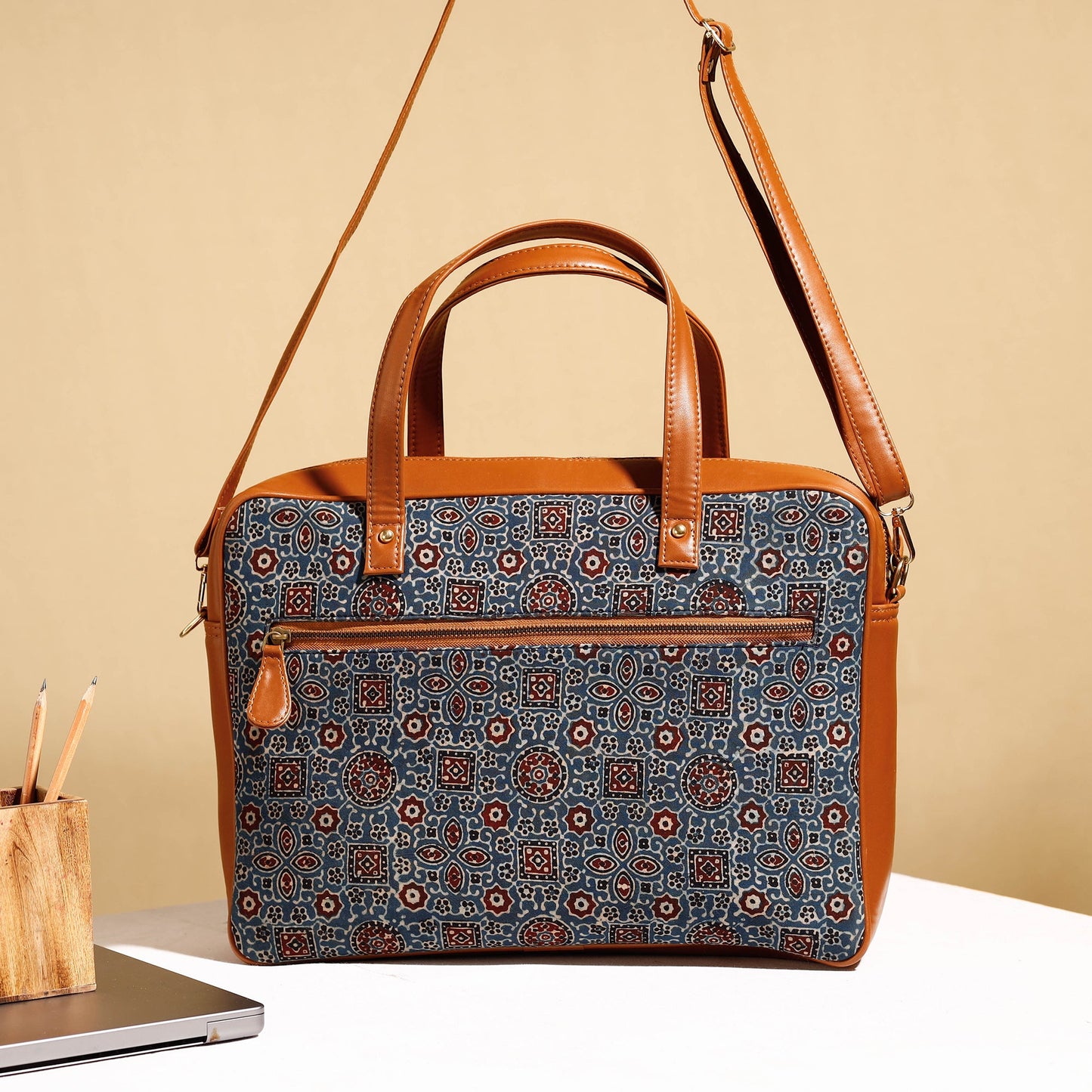  Handcrafted Ajrakh Block Printed Cotton Laptop Bag 