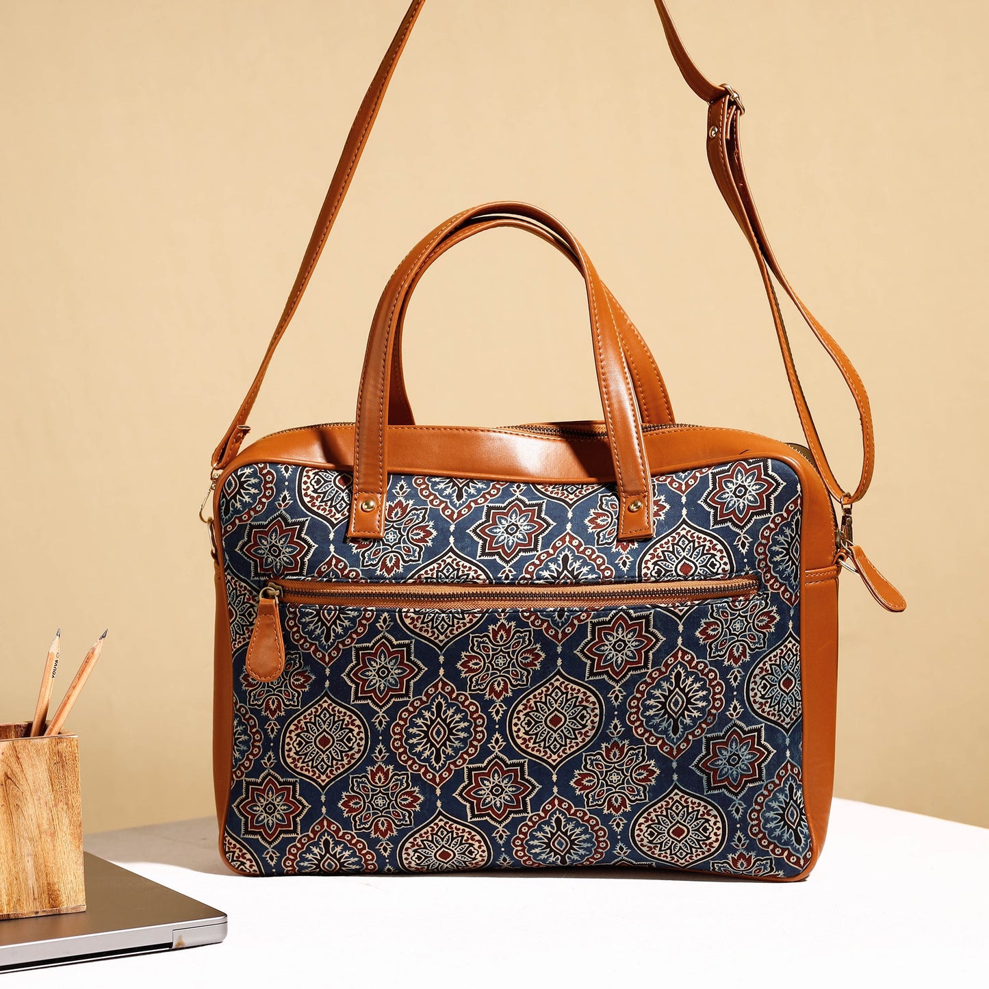  Handcrafted Ajrakh Block Printed Modal Silk Laptop Bag 