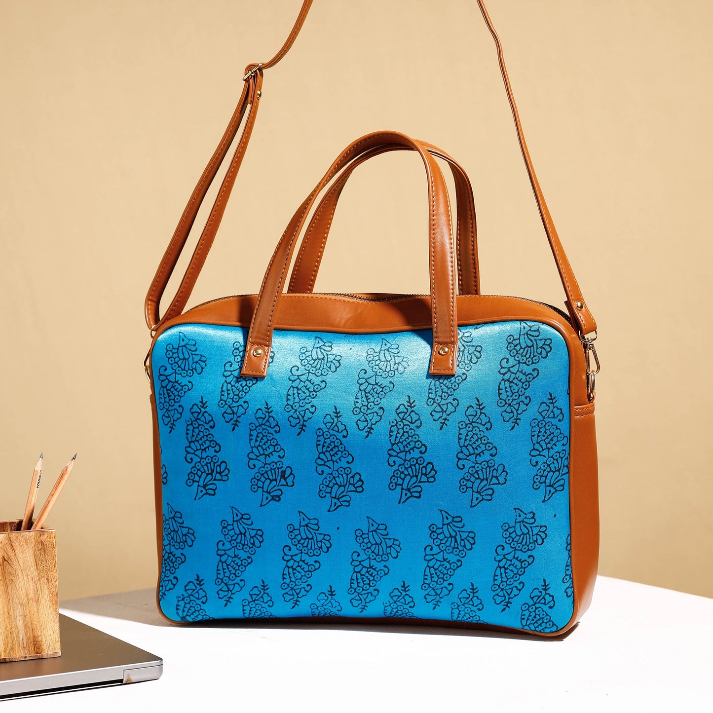  Handcrafted Ajrakh Block Printed Modal Silk Laptop Bag 