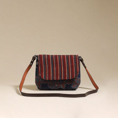 Handcrafted quilted ajrakh block printed fabric sling bag