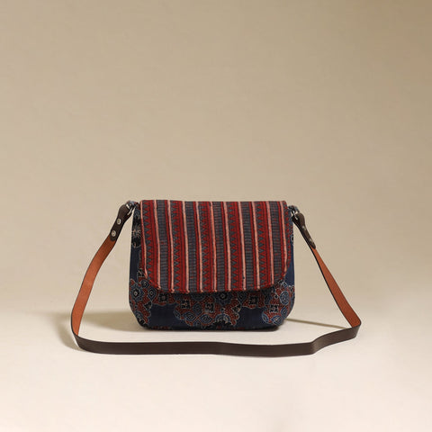 Handcrafted quilted ajrakh block printed fabric sling bag
