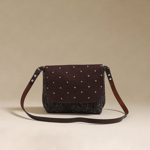 Handcrafted quilted ajrakh block printed fabric sling bag