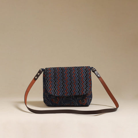 Handcrafted quilted ajrakh block printed fabric sling bag