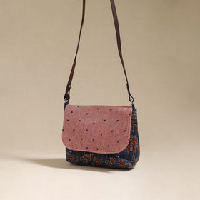 Handcrafted quilted ajrakh block printed fabric sling bag