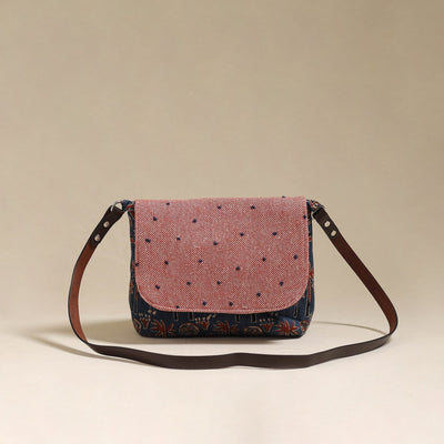 Handcrafted quilted ajrakh block printed fabric sling bag