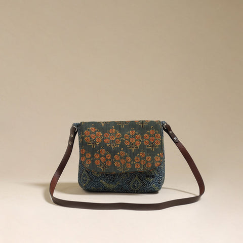 Handcrafted quilted ajrakh block printed fabric sling bag