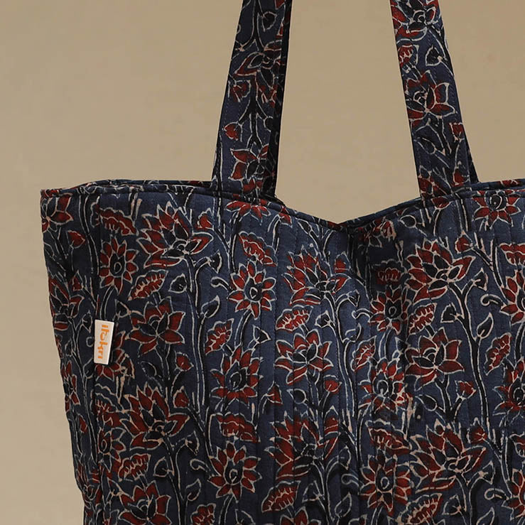 Handcrafted quilted ajrakh block printed fabric tote bag