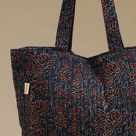 Handcrafted quilted ajrakh block printed fabric tote bag