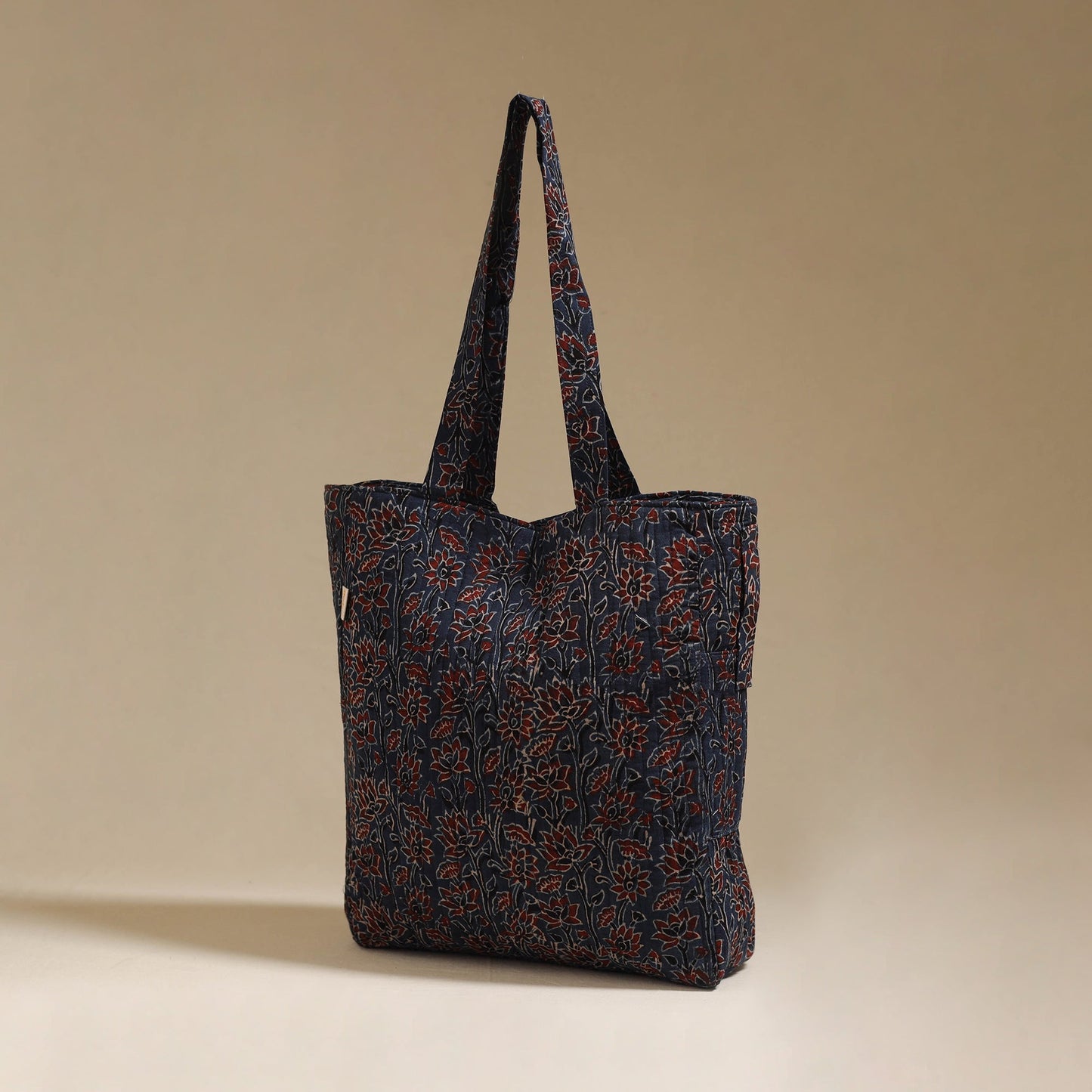 Handcrafted quilted ajrakh block printed fabric tote bag