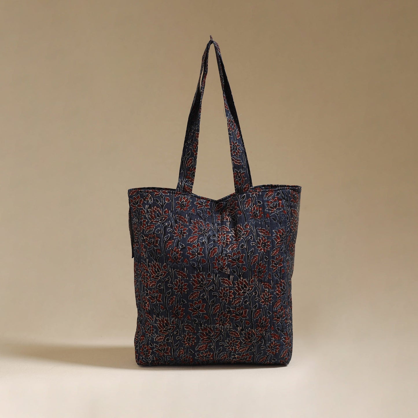 Handcrafted quilted ajrakh block printed fabric tote bag