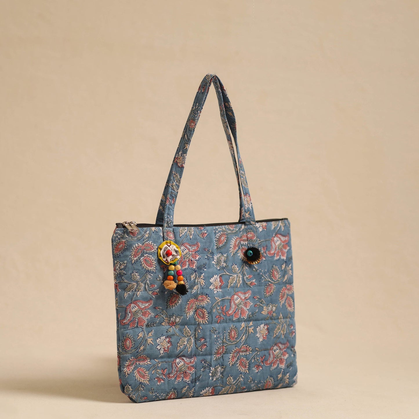 Blue Handcrafted Quilted Cotton Hand Bag