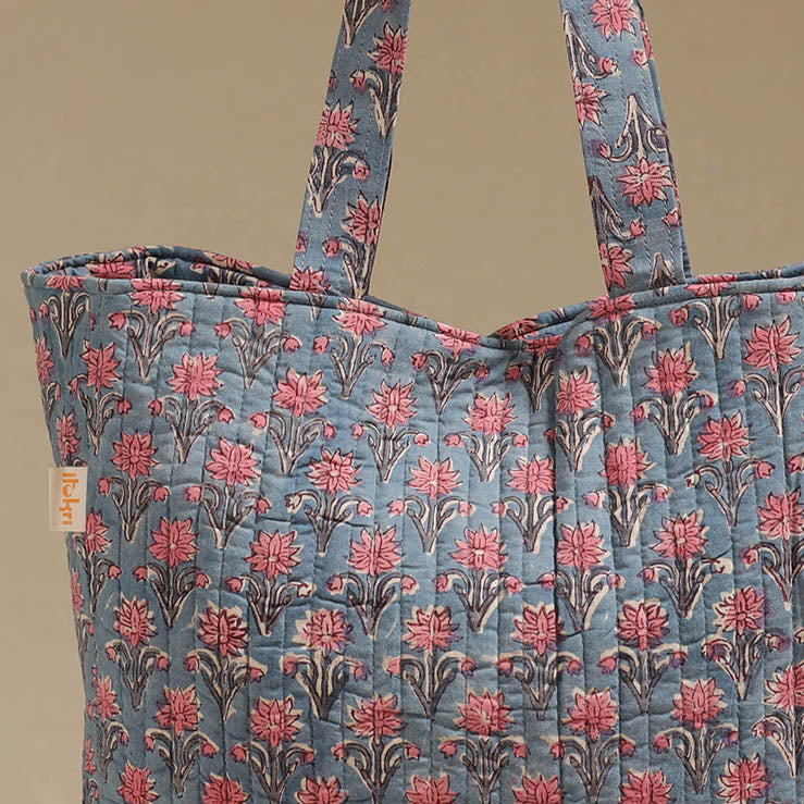 Handcrafted quilted sanganeri block printed fabric tote bag