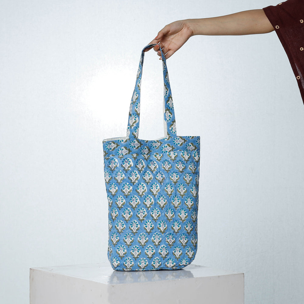Blue - Handcrafted Quilted Sanganeri Block Printed Shoulder Bag