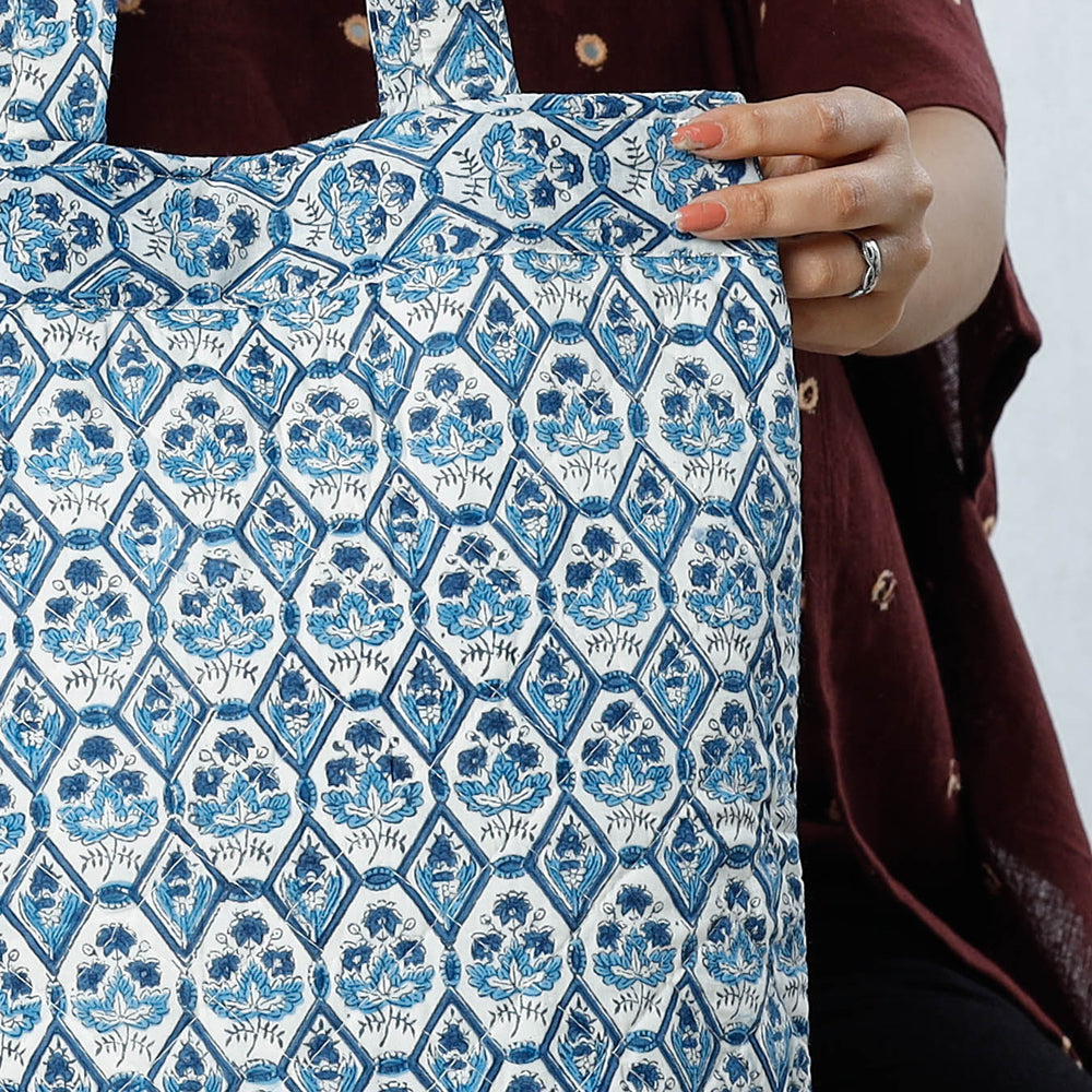 Blue Handcrafted Quilted Sanganeri Block Printed Shoulder Bag