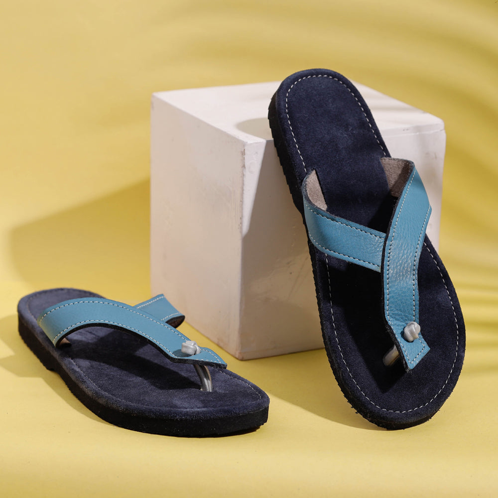 Blue Handcrafted Women's Leather Slippers with Suede 