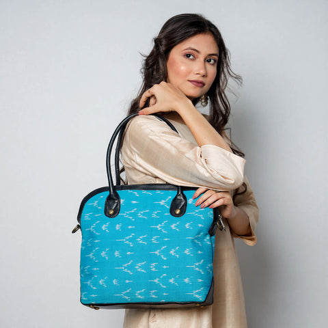 Blue Handcrafted Woven Ikat Shoulder Bag in Faux Leather 26