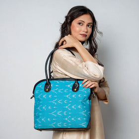 Blue Handcrafted Woven Ikat Shoulder Bag in Faux Leather 26