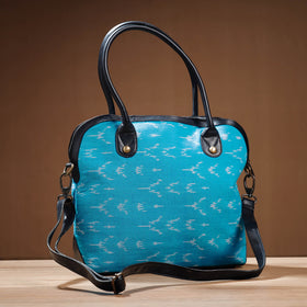 Blue Handcrafted Woven Ikat Shoulder Bag in Faux Leather 26