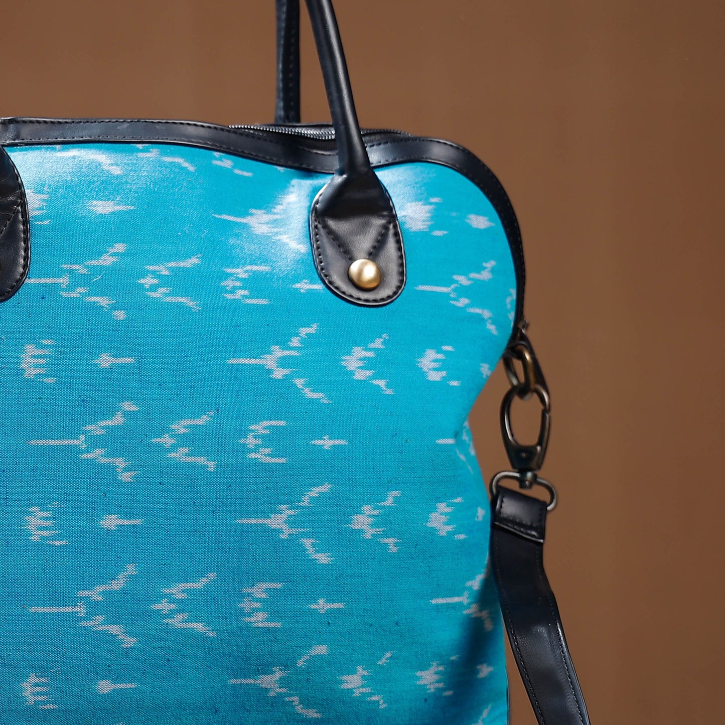 Blue Handcrafted Woven Ikat Shoulder Bag in Faux Leather 26