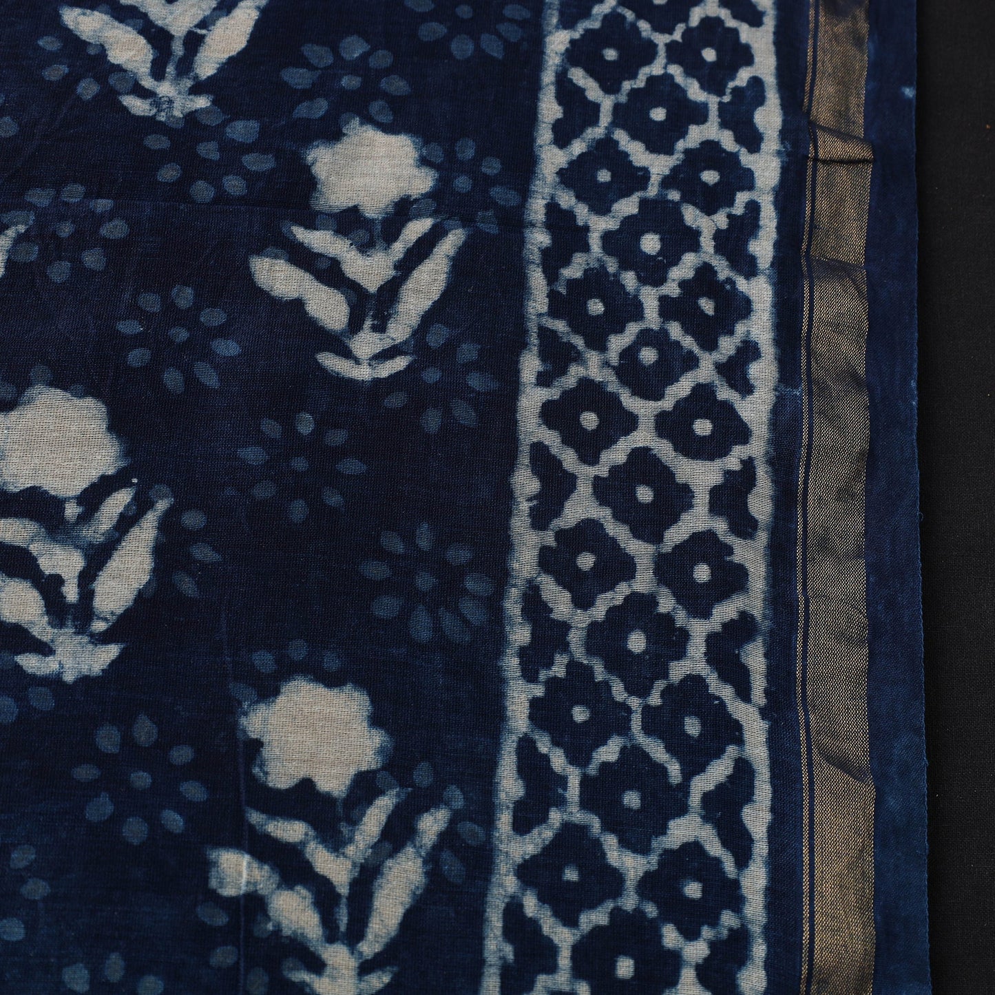 Blue Handloom Chanderi Silk Indigo Bagru Print Fabric