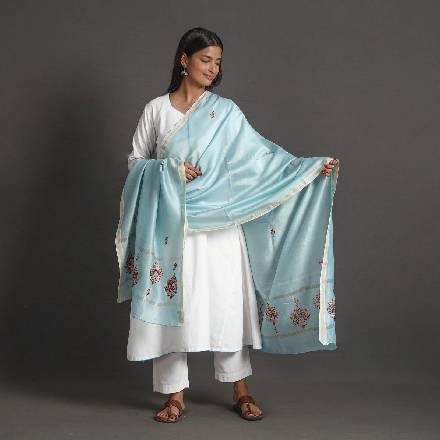 Blue - handloom chanderi silk kashida embroidery dupatta 11