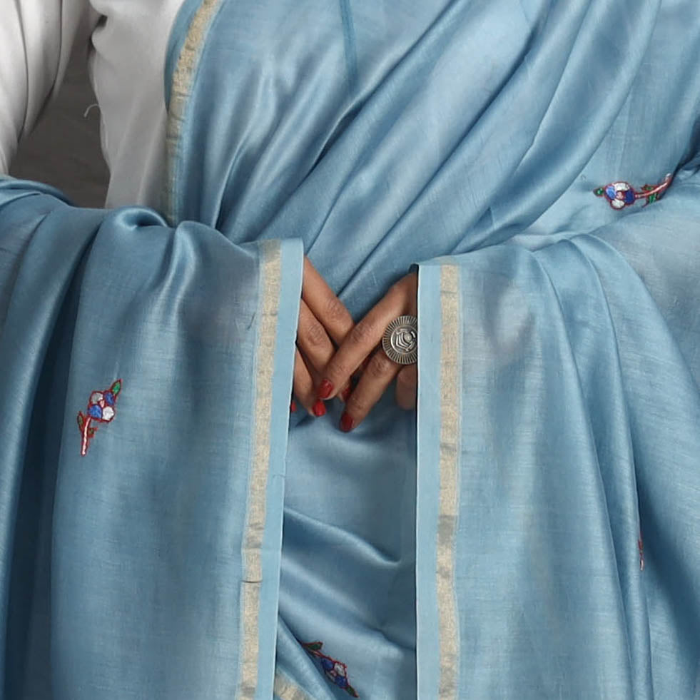  Blue Handloom Chanderi Silk Kashida Embroidery Dupatta Online