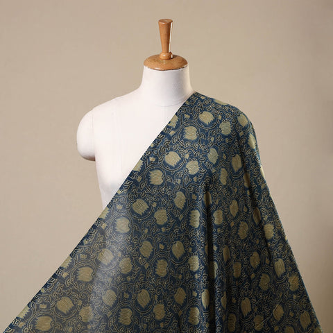Blue Block Print Chanderi Silk Natural Dyed Ajrakh Fabric