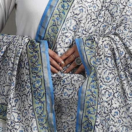 Blue - Block Print Handloom Chanderi Silk Sanganeri Dupatta 03