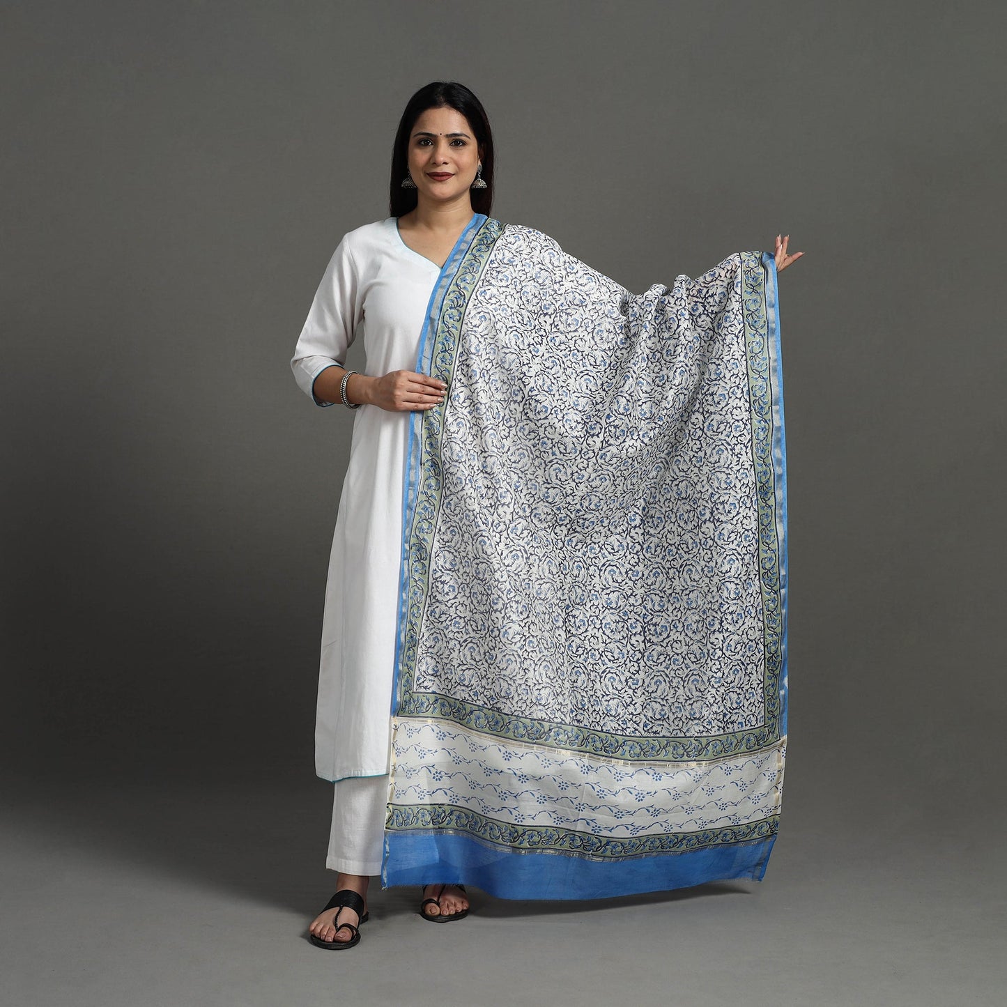 Blue - Block Print Handloom Chanderi Silk Sanganeri Dupatta 03