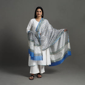 Blue - Block Print Handloom Chanderi Silk Sanganeri Dupatta 03