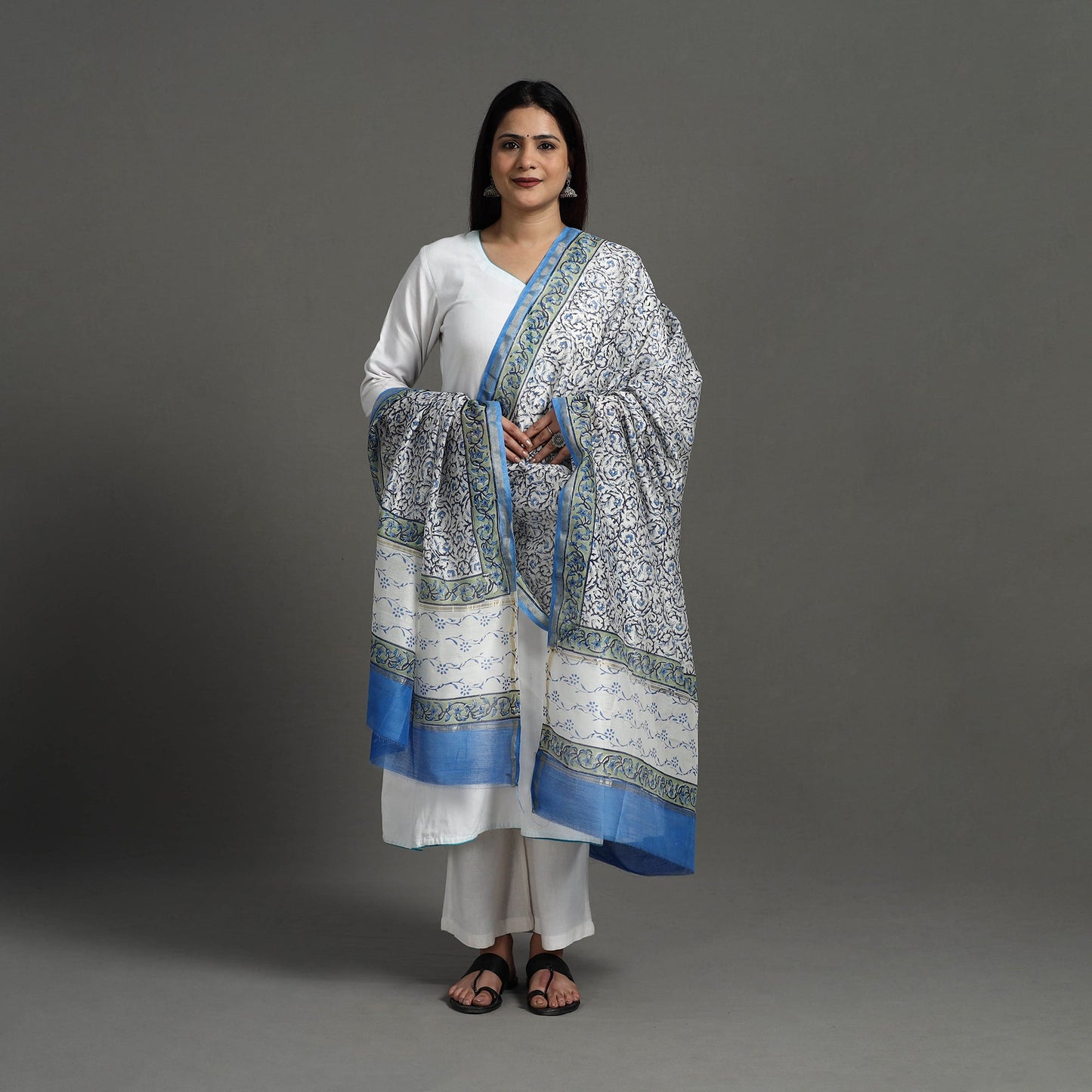 Blue - Block Print Handloom Chanderi Silk Sanganeri Dupatta 03
