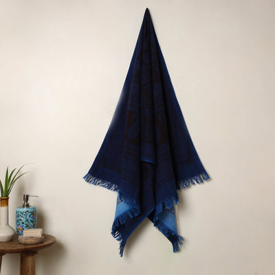 Buy Blue Handloom Cotton Bagh Print Towel