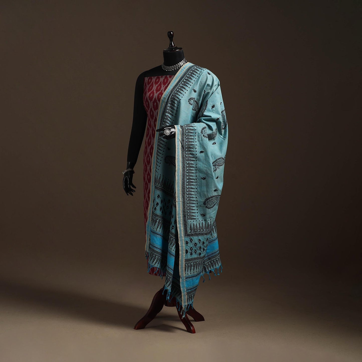 Blue - handloom cotton bengal hand kantha work dupatta 01