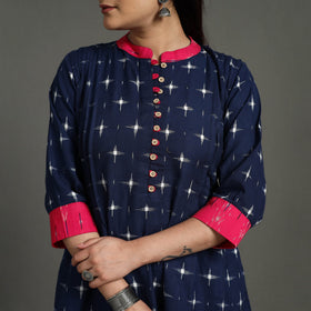 Blue Handloom Cotton A-Line Pochampally Double Ikat Kurta for Women
