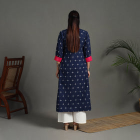 Blue Handloom Cotton A-Line Pochampally Double Ikat Kurta for Women