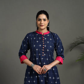 Blue Handloom Cotton A-Line Pochampally Double Ikat Kurta for Women