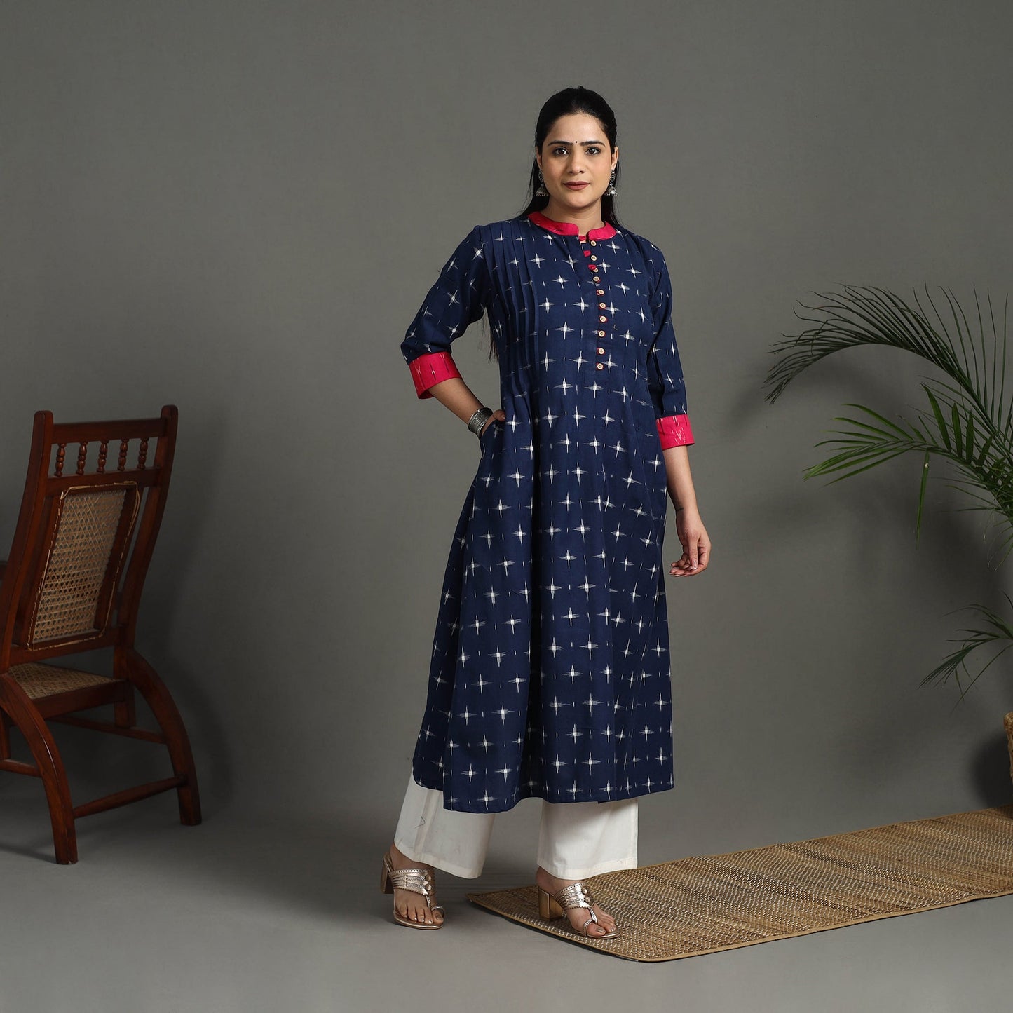 Blue Handloom Cotton A-Line Pochampally Double Ikat Kurta for Women
