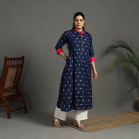 Blue Handloom Cotton A-Line Pochampally Double Ikat Kurta for Women
