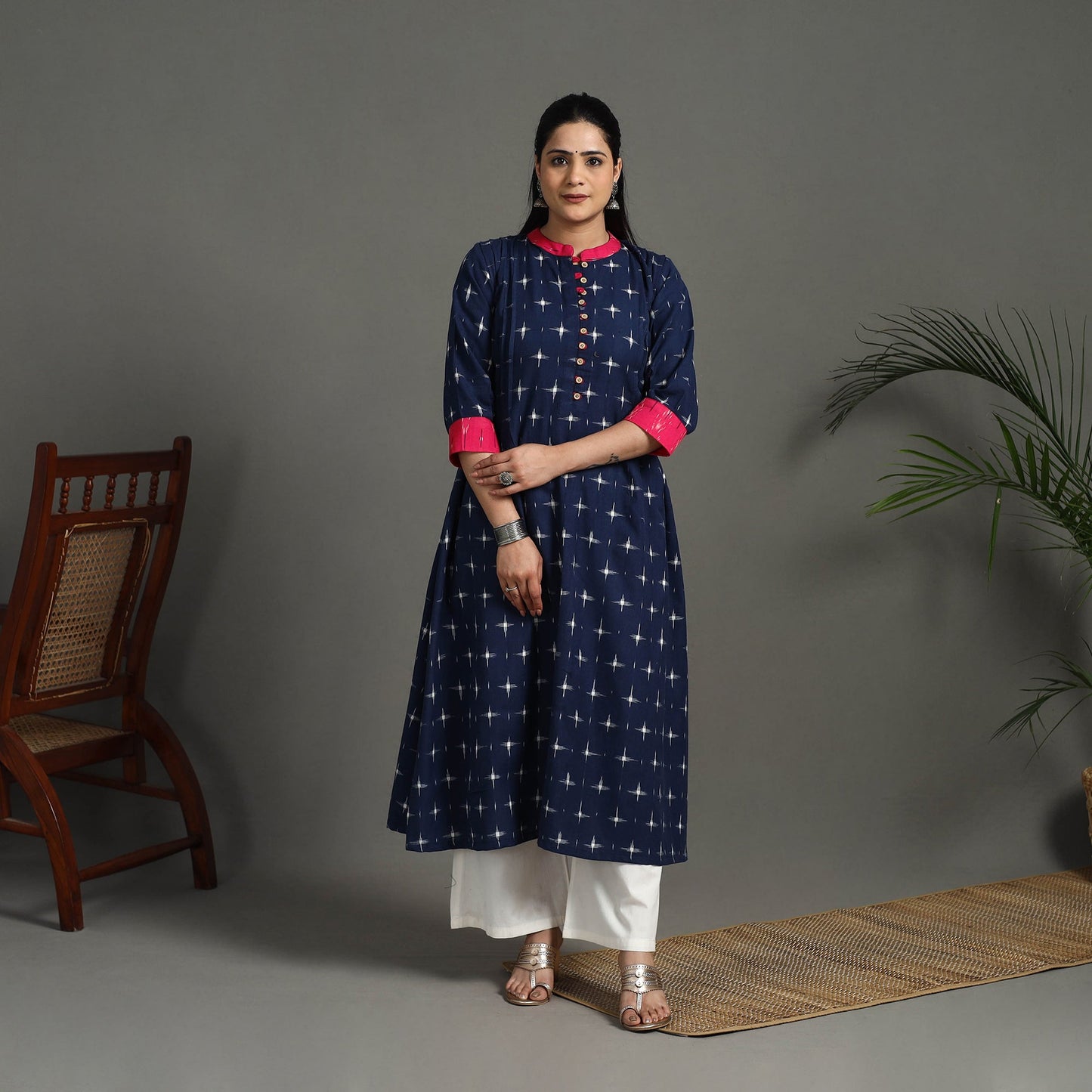 Blue Handloom Cotton A-Line Pochampally Double Ikat Kurta for Women