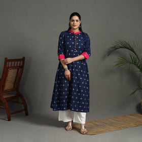 Blue Handloom Cotton A-Line Pochampally Double Ikat Kurta for Women