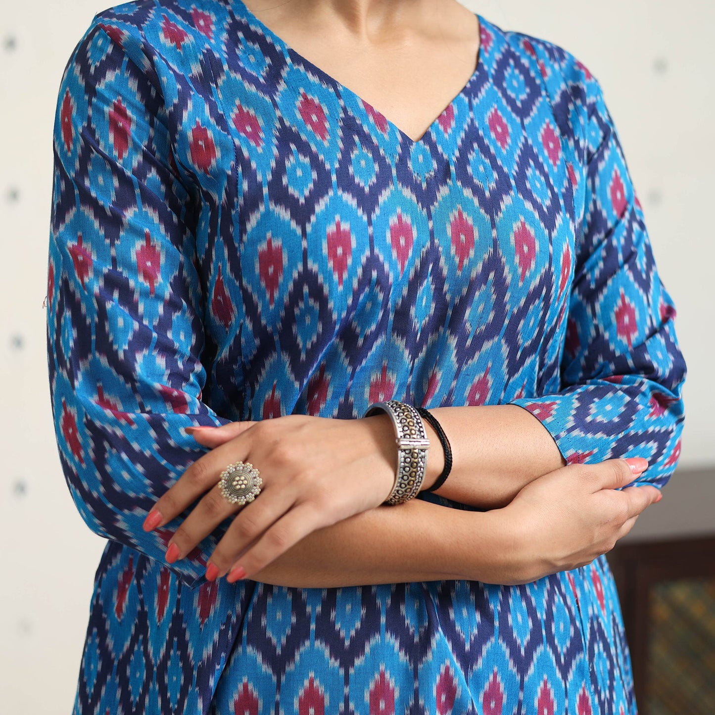 Blue Handloom Cotton A-Line Pochampally Ikat Kurta