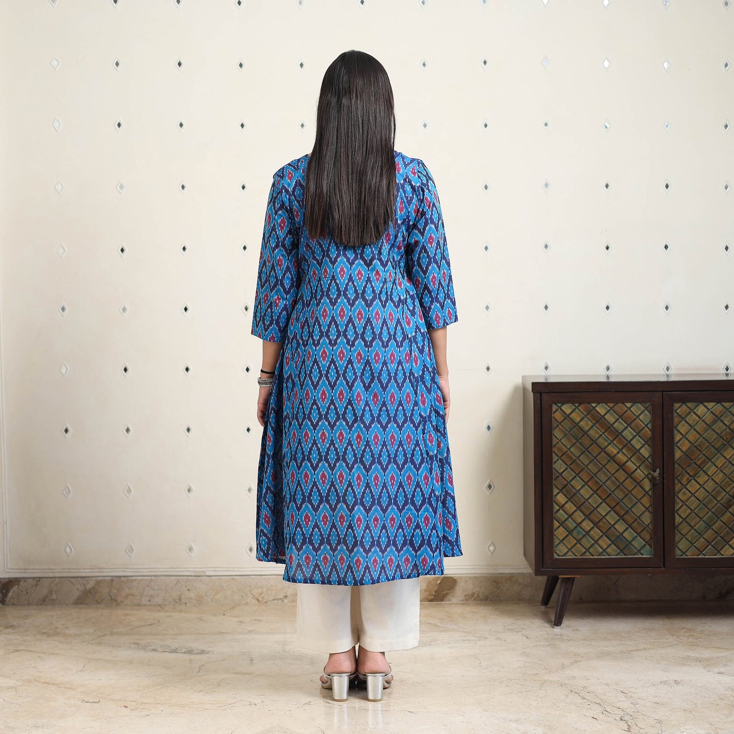 Blue Handloom Cotton A-Line Pochampally Ikat Kurta