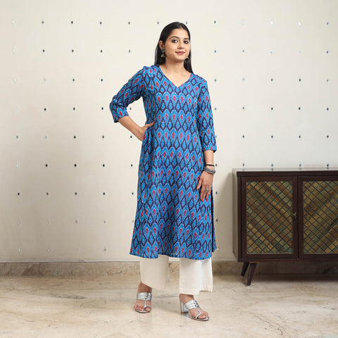 Blue Handloom Cotton A-Line Pochampally Ikat Kurta