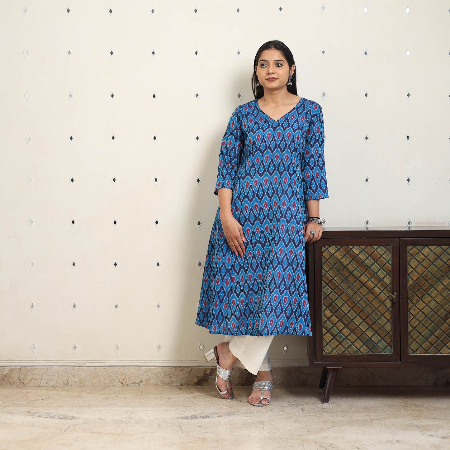 Blue Handloom Cotton A-Line Pochampally Ikat Kurta