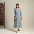 Handloom Cotton Mirror Work Blue Straight Mangalagiri Kurta for Women