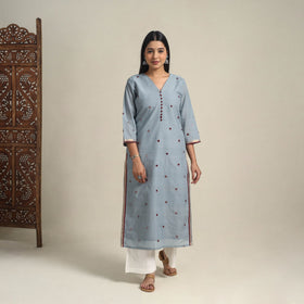 Handloom Cotton Mirror Work Blue Straight Mangalagiri Kurta for Women