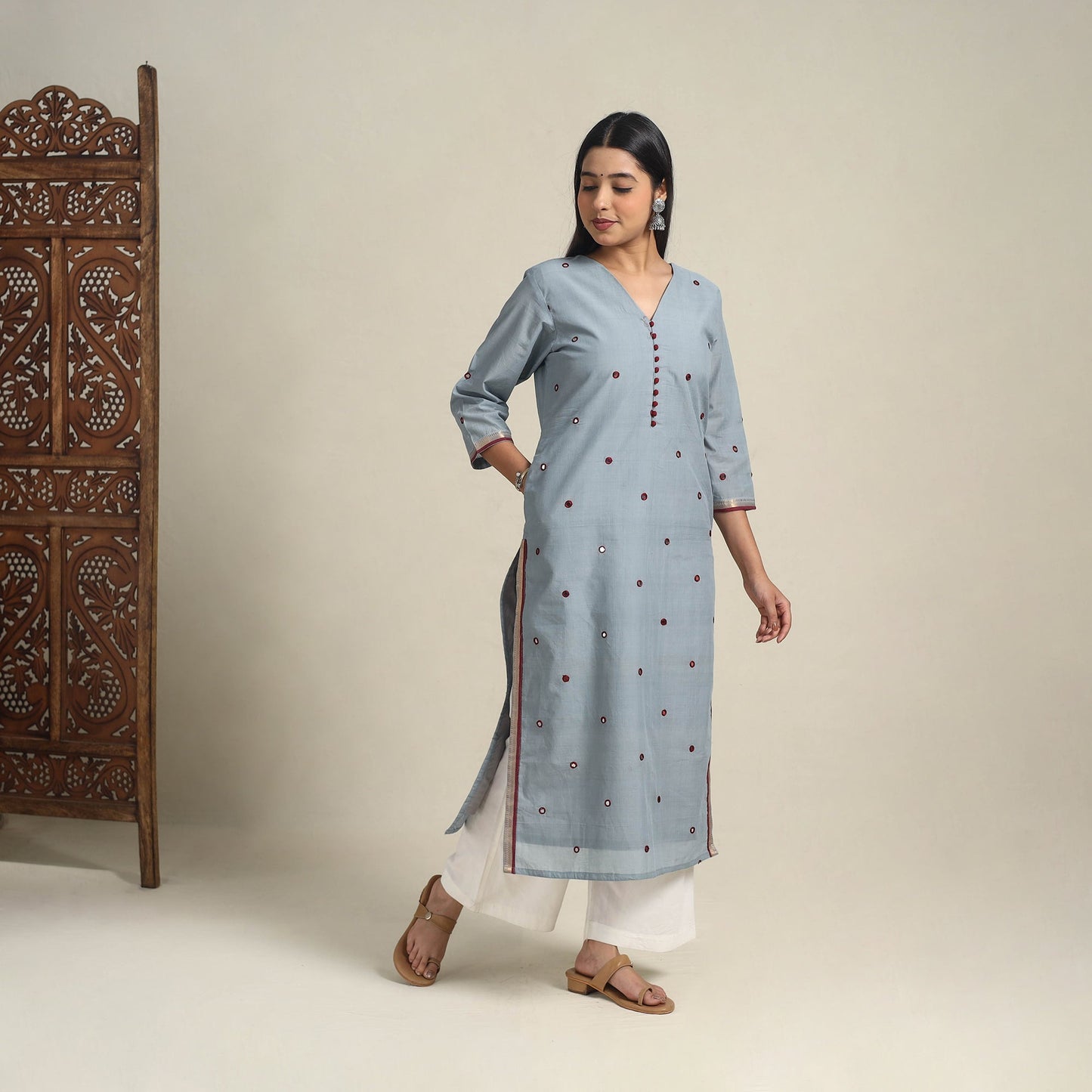 Handloom Cotton Mirror Work Blue Straight Mangalagiri Kurta for Women