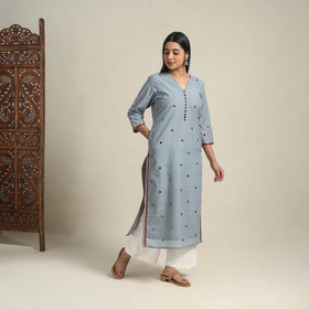 Handloom Cotton Mirror Work Blue Straight Mangalagiri Kurta for Women
