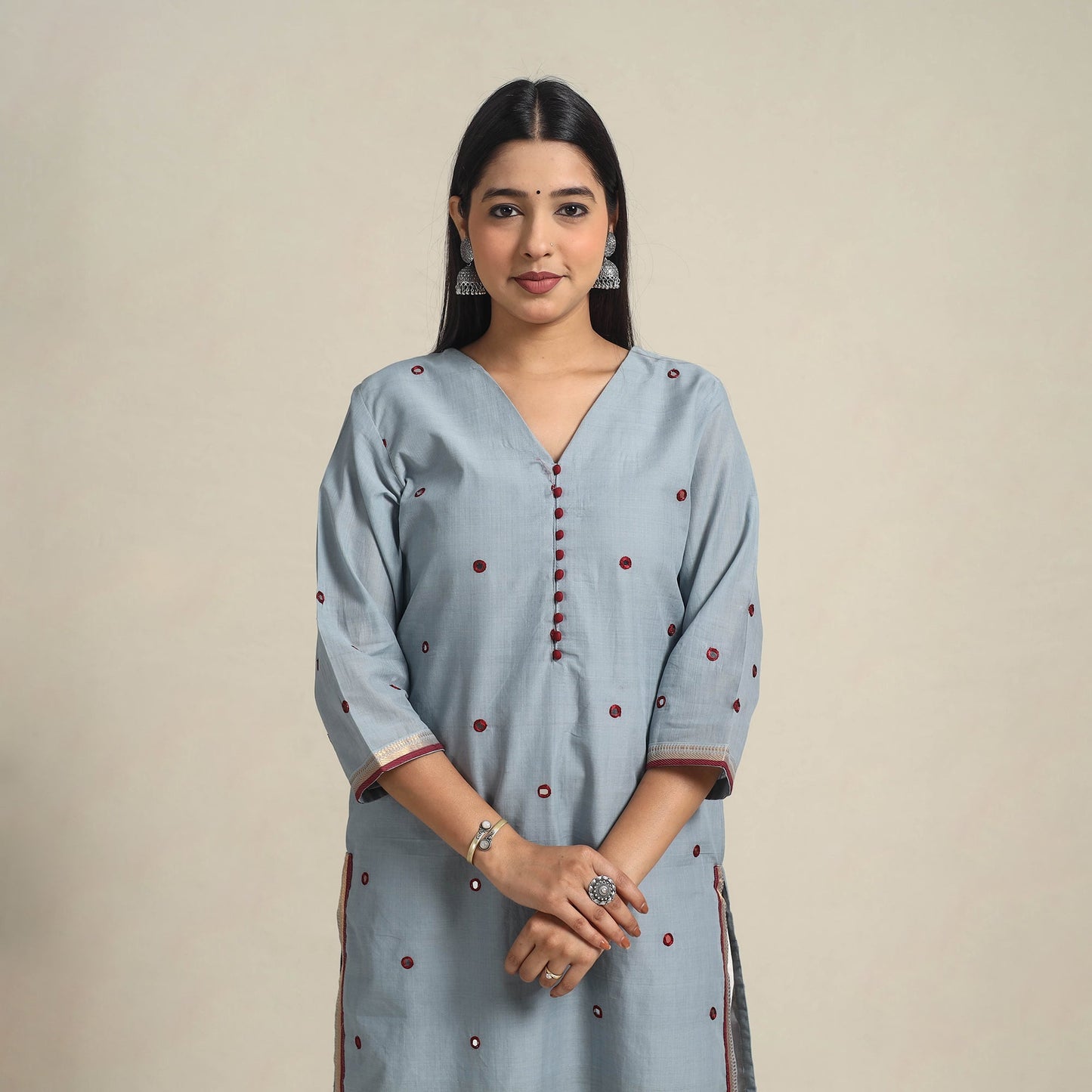 Handloom Cotton Mirror Work Blue Straight Mangalagiri Kurta for Women