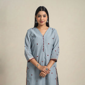 Handloom Cotton Mirror Work Blue Straight Mangalagiri Kurta for Women